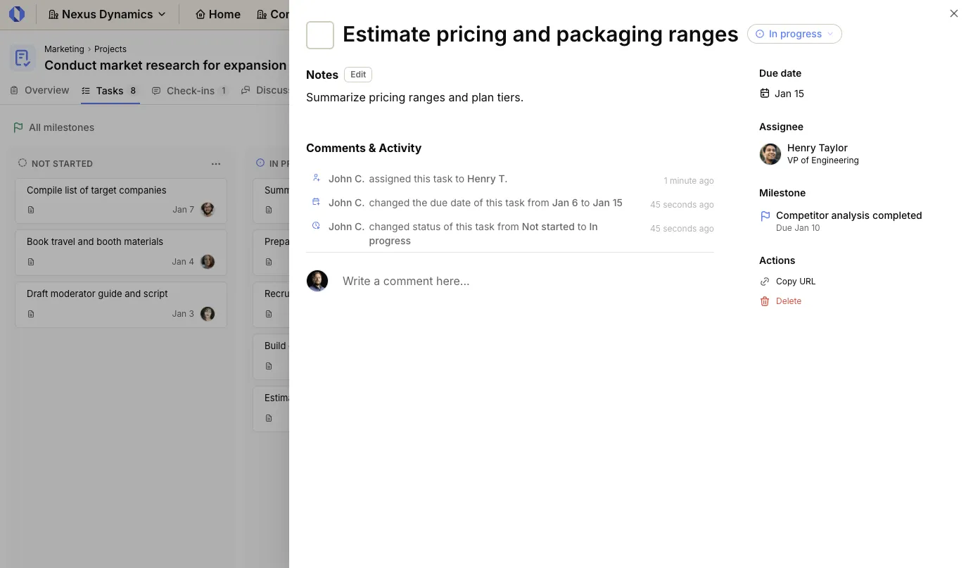 Task slide-in view